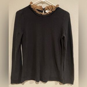J Crew black long sleeve shirt with polka dot ruffle at neckline. Size M